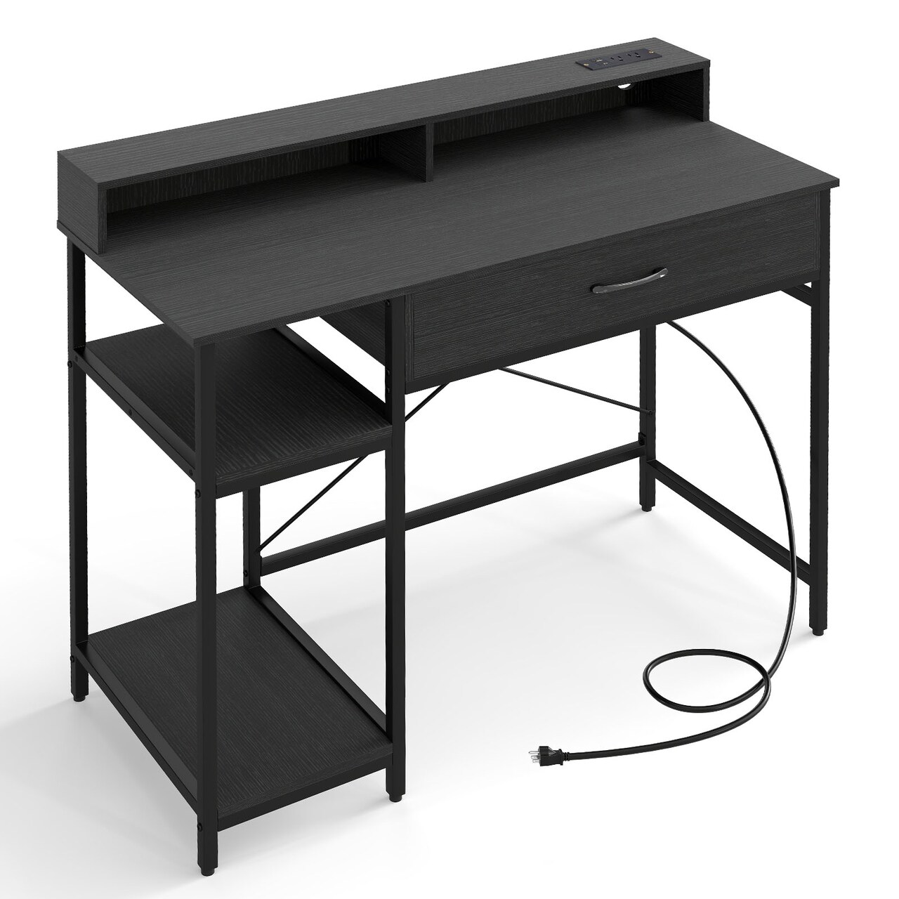 Black 42-Inch Writing Desk with Drawer, Hutch and Built-In Power